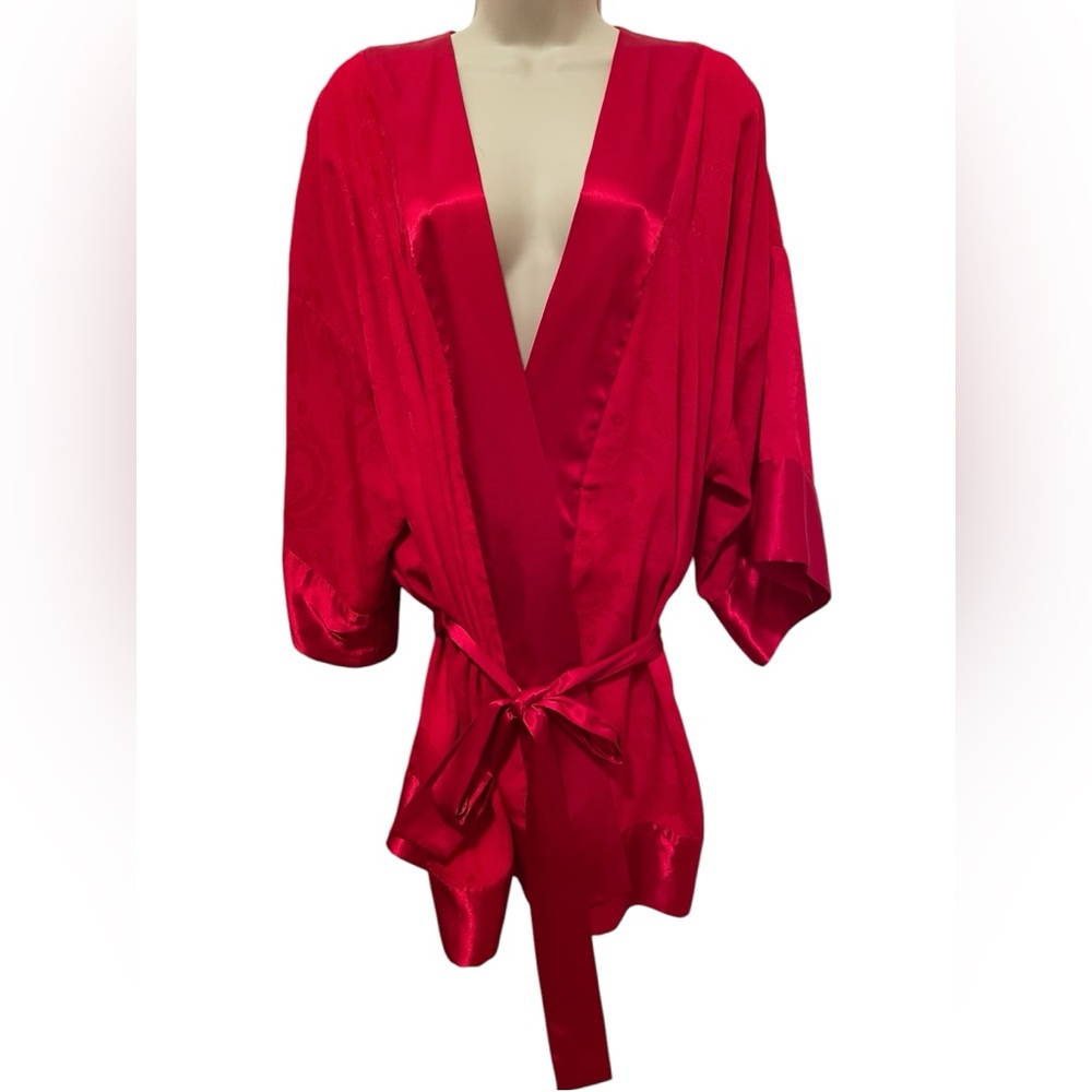 Vintage Victorias Secret Gold Label Red BathRobe Satin Floral Print One Size
